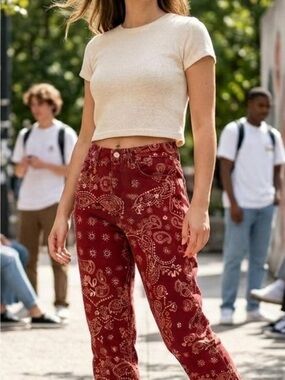 High-Rise Red Paisley Bandana Print Jeans
